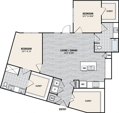 Floor plan for 2 beds, 2 baths, 1217 sqft